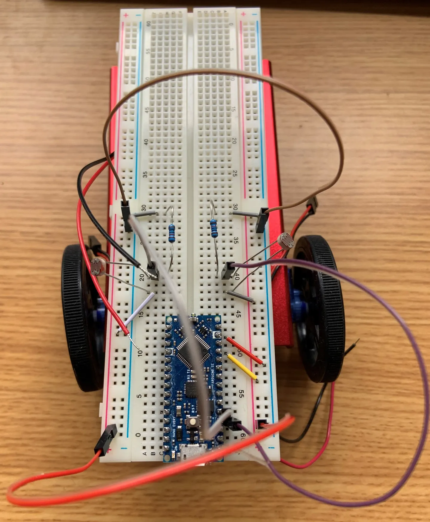 Top-down view of the light-sensing robot and its photoresistors.